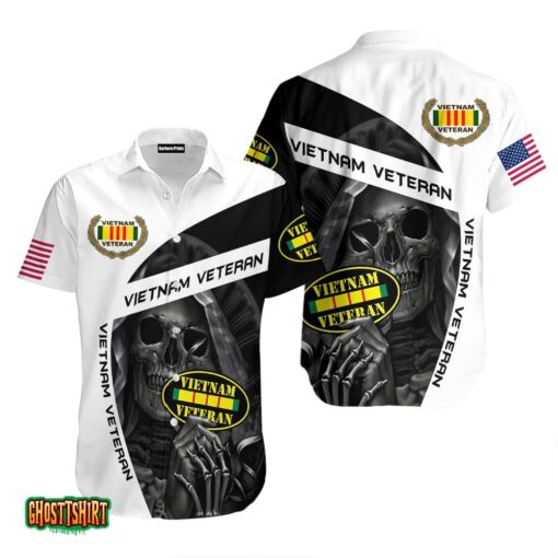 Skeleton Vietnam Veteran Black And White Aloha Hawaiian Shirt