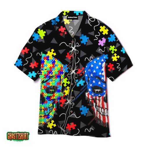 Skull American Autism Awareness Color Puzzle Aloha Hawaiian Shirt
