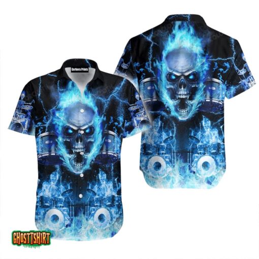 Skull Blue Flame Skeleton Drummer Halloween Aloha Hawaiian Shirt