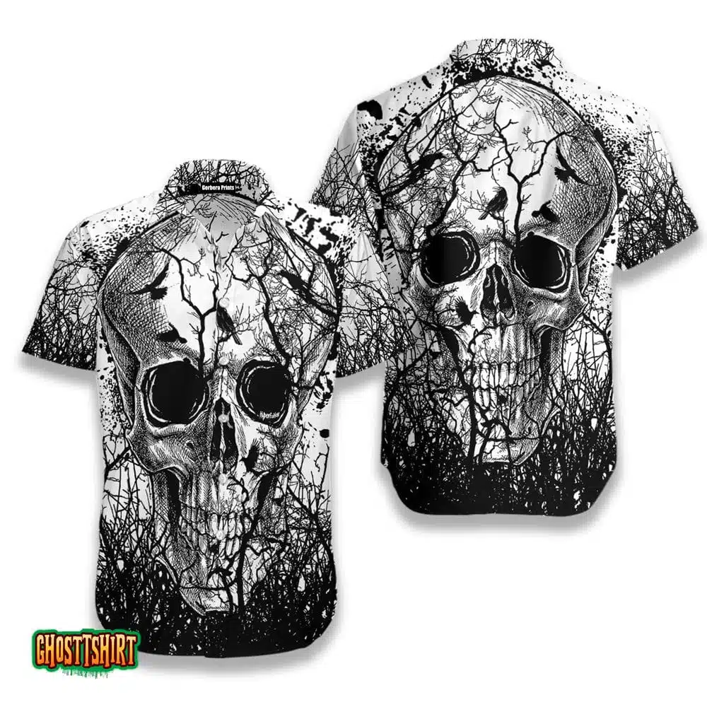 Skull Crow Black And White Aloha Hawaiian Shirt