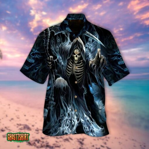 Skull Moke Skeleton Death Scythe Blue And Black Aloha Hawaiian Shirt