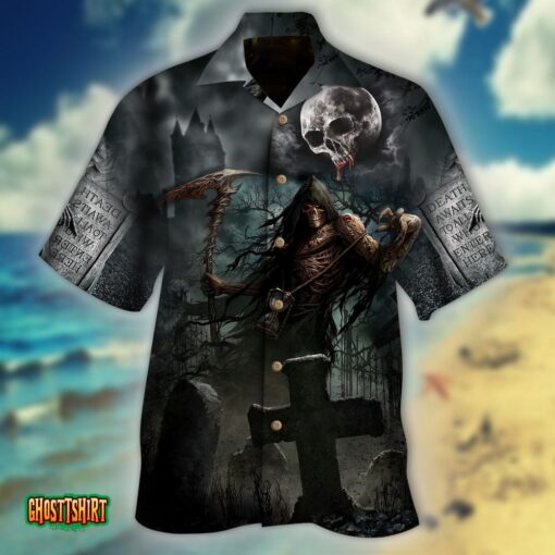 Skull Shadow Death Scythe Headstone GreyHalloween Aloha Hawaiian Shirt