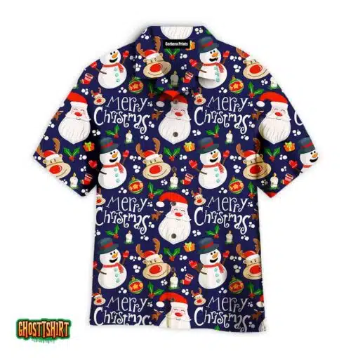 Snowman And Deer Pattern Blue And White Aloha Hawaiian Shirt