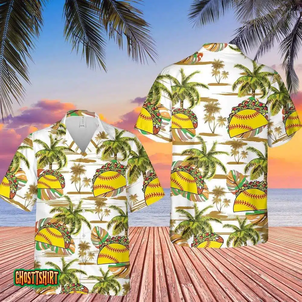 Softball Tacos Palm Tree White Pattern Aloha Hawaiian Shirt