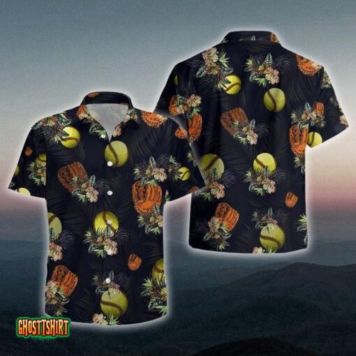 Softball Tropical Black Aloha Hawaiian Shirt