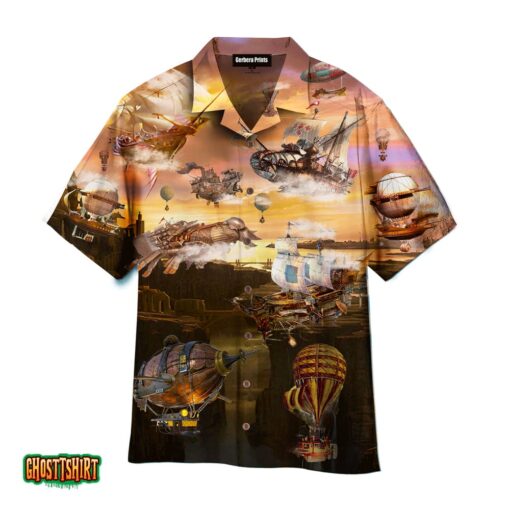 Steampunk Airship Hot Air Balloon In The Sky Aloha Hawaiian Shirt