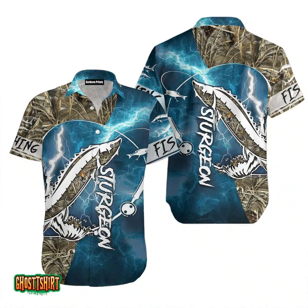 Sturgeon Fishing Blue And White Aloha Hawaiian Shirt