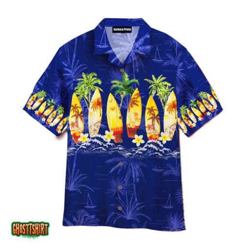 Surfboard Coconut Palm Tree Pattern Blue Aloha Hawaiian Shirt