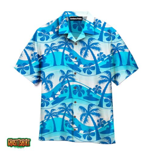Surfer Palm Tree Blue Aloha Hawaiian Shirt