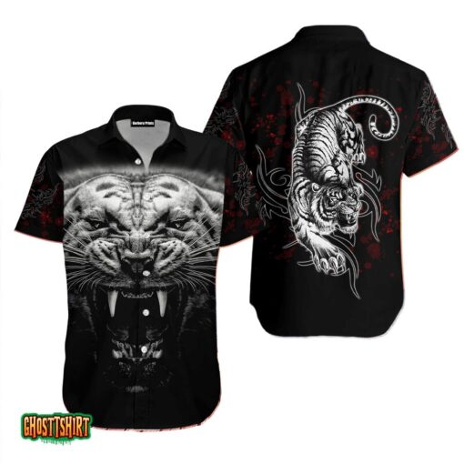 Tattoo White Tiger Black And White Aloha Hawaiian Shirt