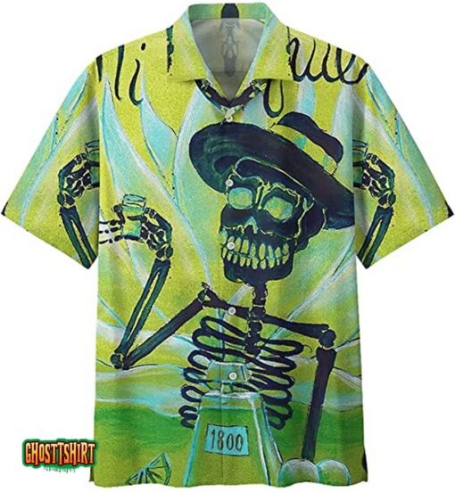 Tequila Mexicano Skeleton Art Camisa Tropical Green Aloha Hawaiian Shirt