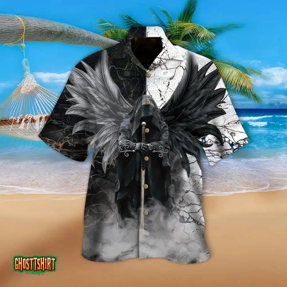 The Death Smoke Wings And Sword Pattern Black And White Aloha Hawaiian Shirt The Death Smoke Wings And Sword Pattern Black And White Aloha Hawaiian Shirt