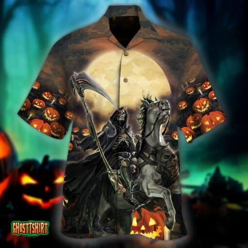 The Grim Reaper Pumpkin Death Scythe Halloween Pattern Aloha Hawaiian Shirt