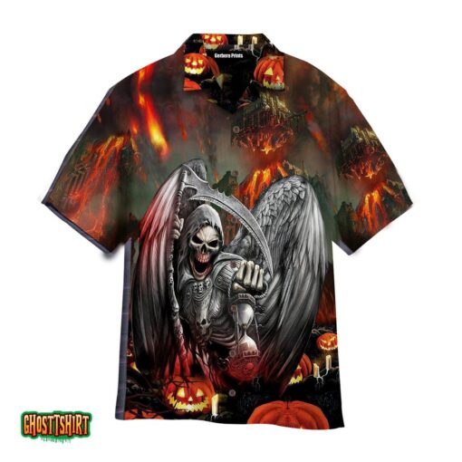 The Grim Reaper Watcher Of Time Fire Pumpkin Pattern Halloween Aloha Hawaiian Shirt