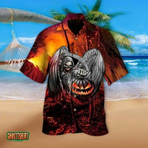The Reaper Pumpkin Pattetn Orange Halloween Aloha Hawaiian Shirt