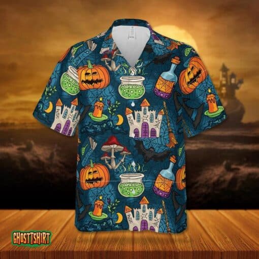 The Witch’s Castle Pumpkin Blue Halloween Aloha Hawaiian Shirt