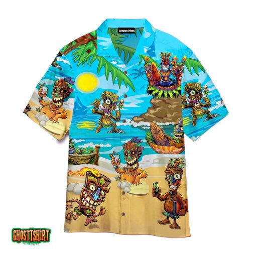 Tiki Sun And Blue Beach Aloha Hawaiian Shirt