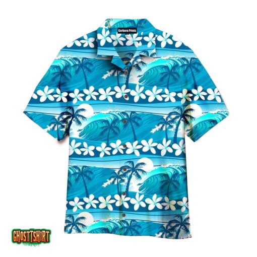 Trees Tropical Hibiscus Palm Trees At Sunset Blue And White Aloha Hawaiian Shirt