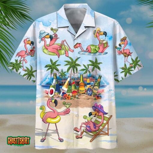 Tropical Flamingo Beach White Aloha Hawaiian Shirt