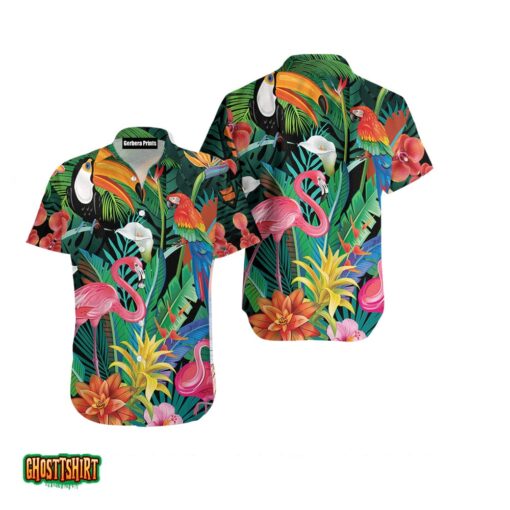 Tropical Flamingo Green Aloha Hawaiian Shirt