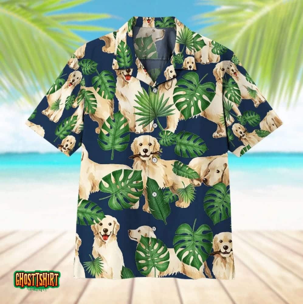 Tropical Golden Retrievers Blue Aloha Hawaiian Shirt