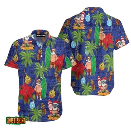 Tropical Merry Christmas Santa Claus Surf Board Flower Pineapple Aloha Hawaiian Shirt