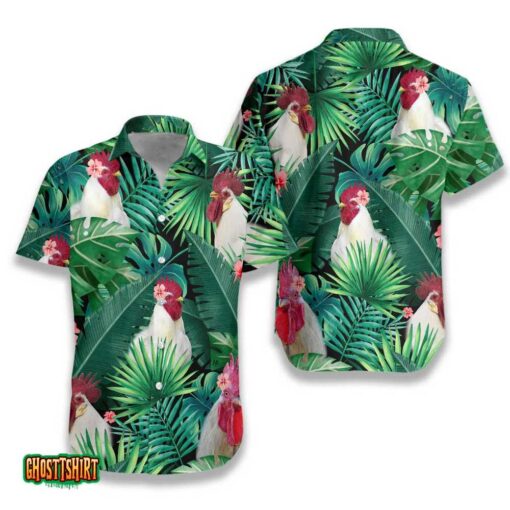 Tropical White Rooster Green Aloha Hawaiian Shirt