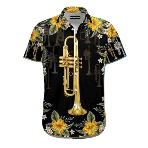 Trumpet Instrument Black Aloha Hawaiian Shirt