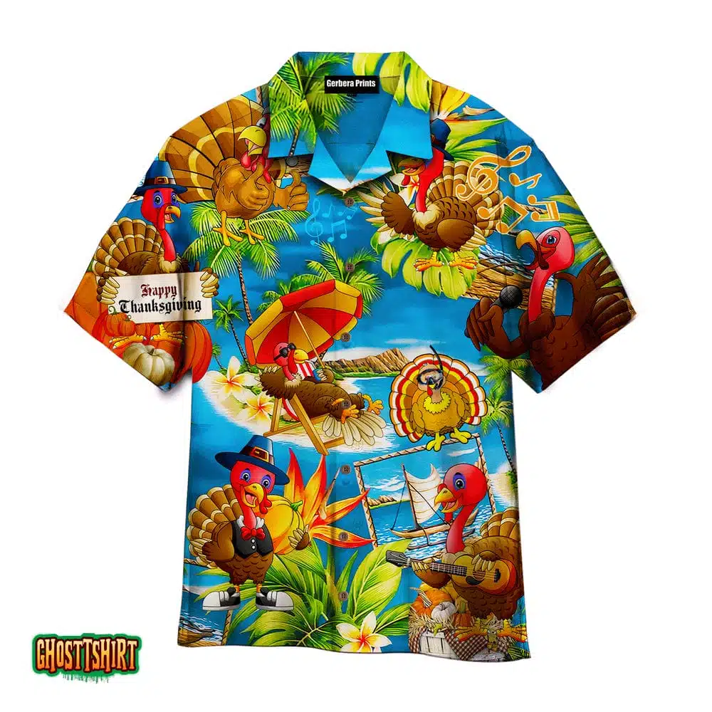 Turkey Happy Thanksgiving Blue Aloha Hawaiian Shirt