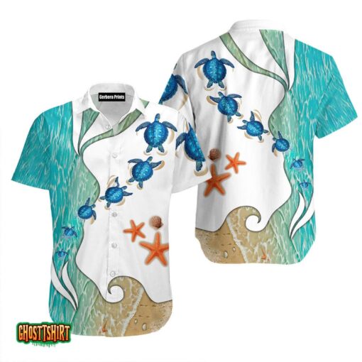 Turtle Beach Starfish Blue And White Aloha Hawaiian Shirt