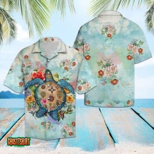 Turtle Flower Summer Blue Aloha Hawaiian Shirt