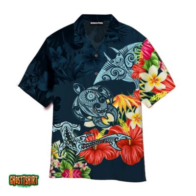 Turtle Shark Manta Ray Hibiscus Plumeria Aloha Hawaii Shirt For Men Women