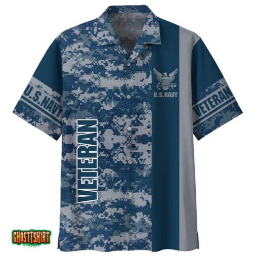 US Navy Veteran Retired Eagle Pattern Blue Aloha Hawaiian Shirt