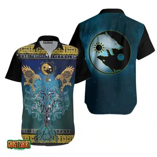 Viking Tree Of Life Fenrir Skoll And Hati Blue And Black Aloha Hawaiian Shirt