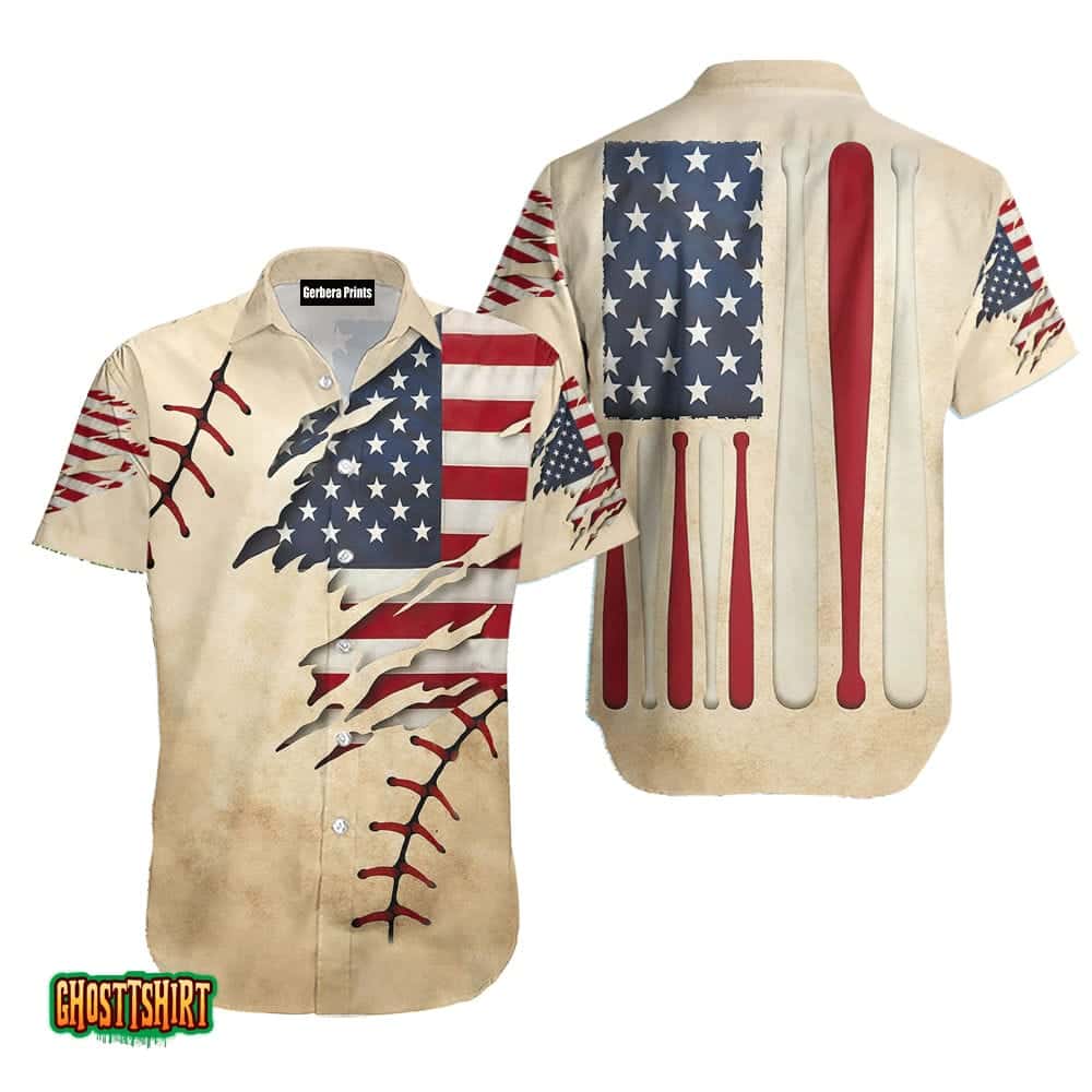 Vintage American Baseball Bat Flag Aloha Hawaiian Shirt