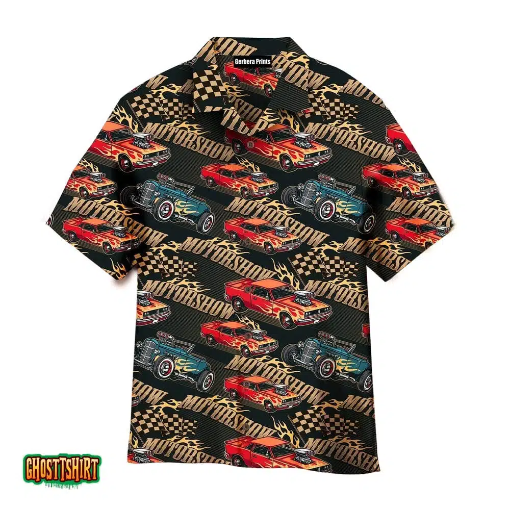 Vintage Car Racing Motorshow Black Red And Blue Aloha Hawaiian Shirt