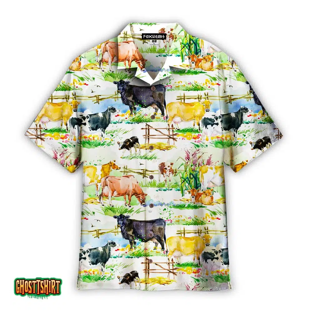 Vintage Dairy Cows On Glade White Aloha Hawaiian Shirt Vintage Dairy Cows On Glade White Aloha Hawaiian Shirt