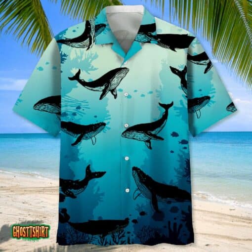 Whale Beach Ocean Pattern Blue Aloha Hawaiian Shirt