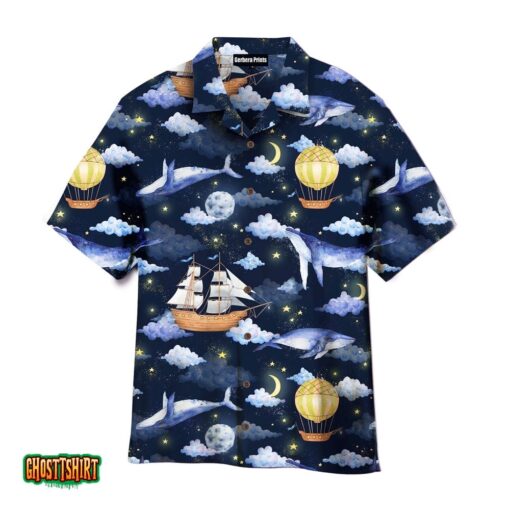 Whales Clouds Moon Stars Balloons In the Night Sky Aloha Hawaiian Shirt