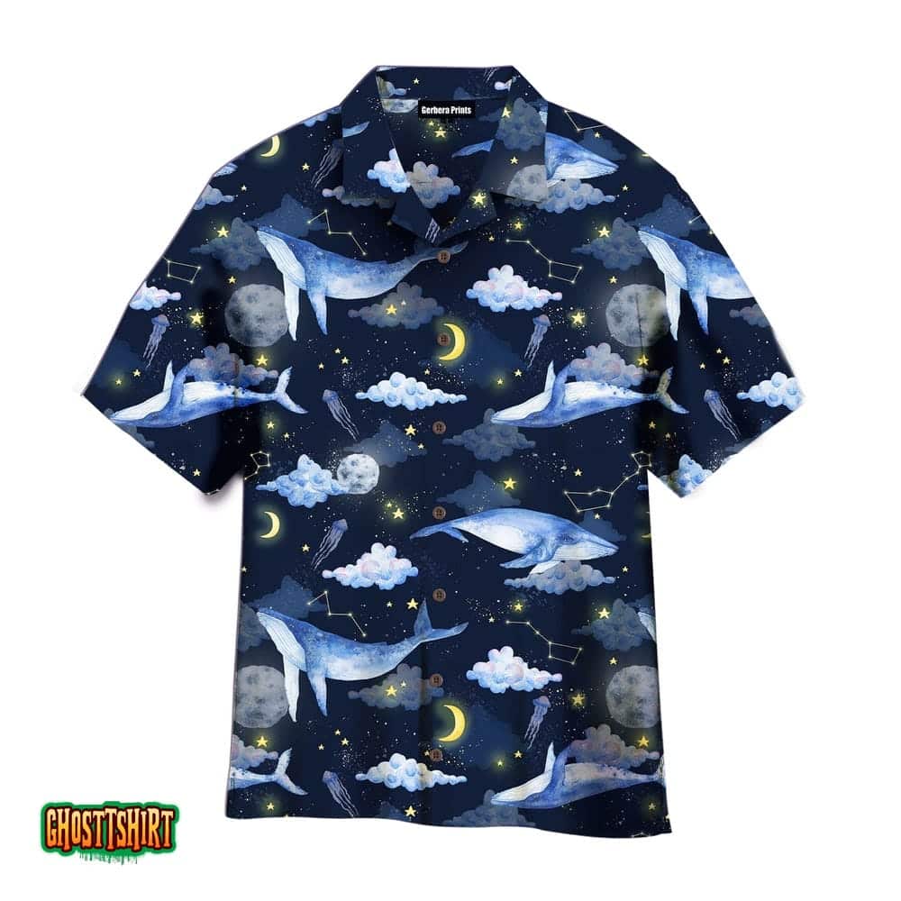 Whales Clouds Moon Stars Space Blue And Yellow Aloha Hawaiian Shirt