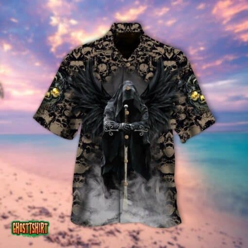 Winged Skull Sword Pattern Black Aloha Hawaiian Shirt