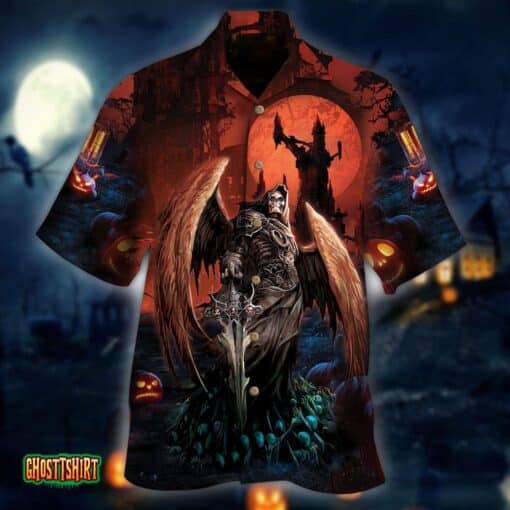 Wings of Grim Reaper Pumpkin Pattern Black Halloween Aloha Hawaiian Shirt