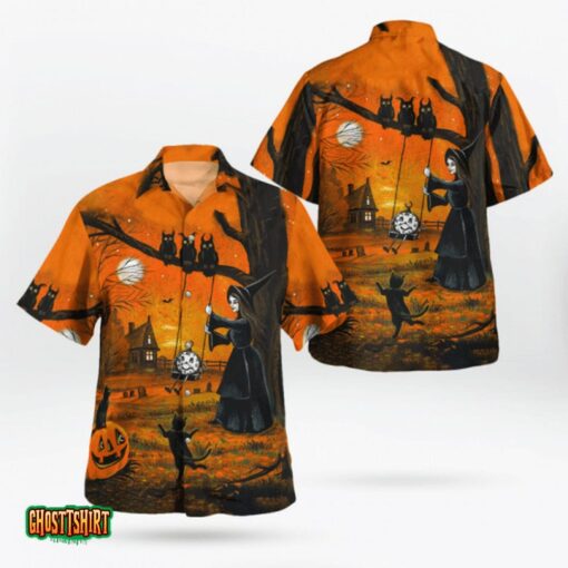 Witch And Black Cats Owls Halloween Aloha Hawaiian Shirt