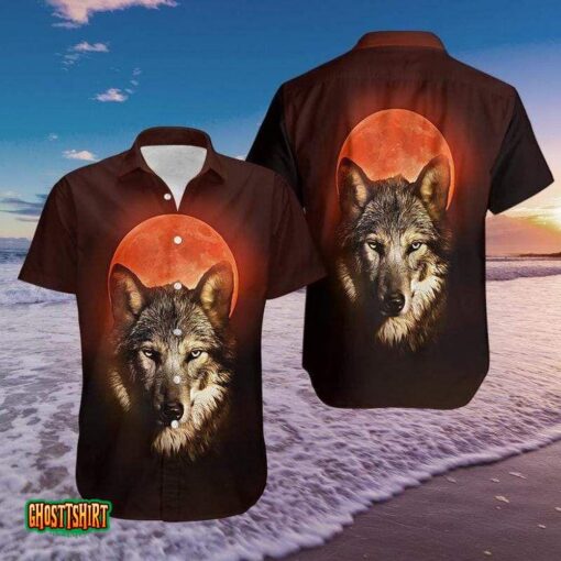 Wolf And Red Moon Aloha Hawaiian Shirt