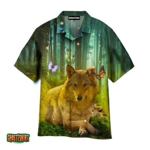 Wolf Dog And Butterfly In The Forest Aloha Hawaiian Shirt