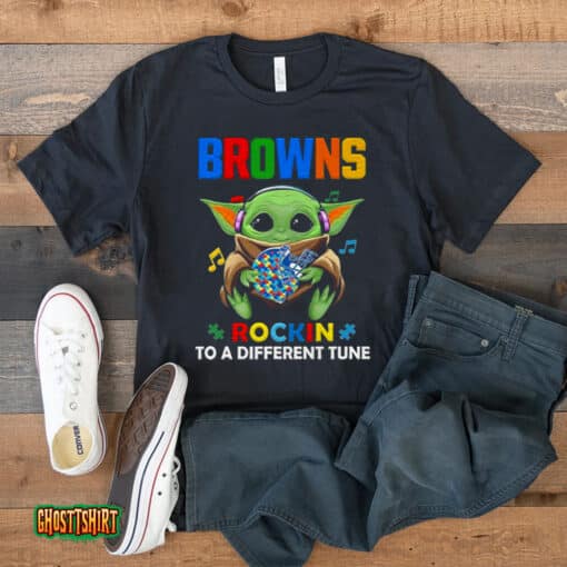 Baby Yoda Hug Cleveland Browns Autism Rockin To A Different Tune Unisex T-Shirt
