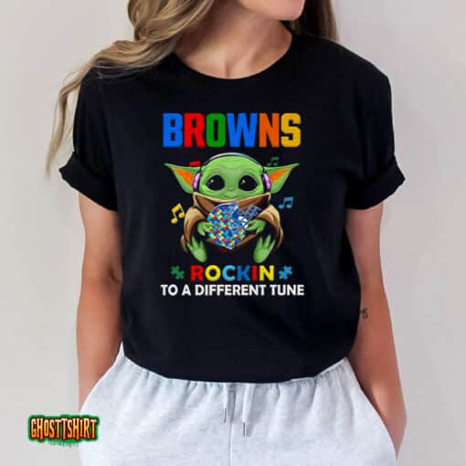 Baby Yoda Hug Cleveland Browns Autism Rockin To A Different Tune Unisex T-Shirt