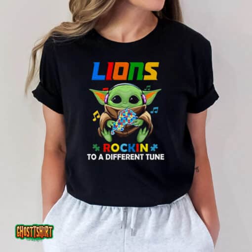 Baby Yoda Hug Detroit Lions Autism Rockin To A Different Tune Unisex T-Shirt