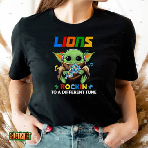 Baby Yoda Hug Detroit Lions Autism Rockin To A Different Tune Unisex T-Shirt