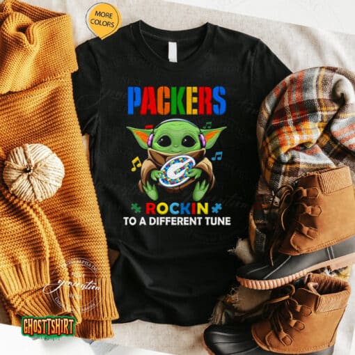 Baby Yoda Hug Green Bay Packers Autism Rockin To A Different Tune Unisex T-Shirt